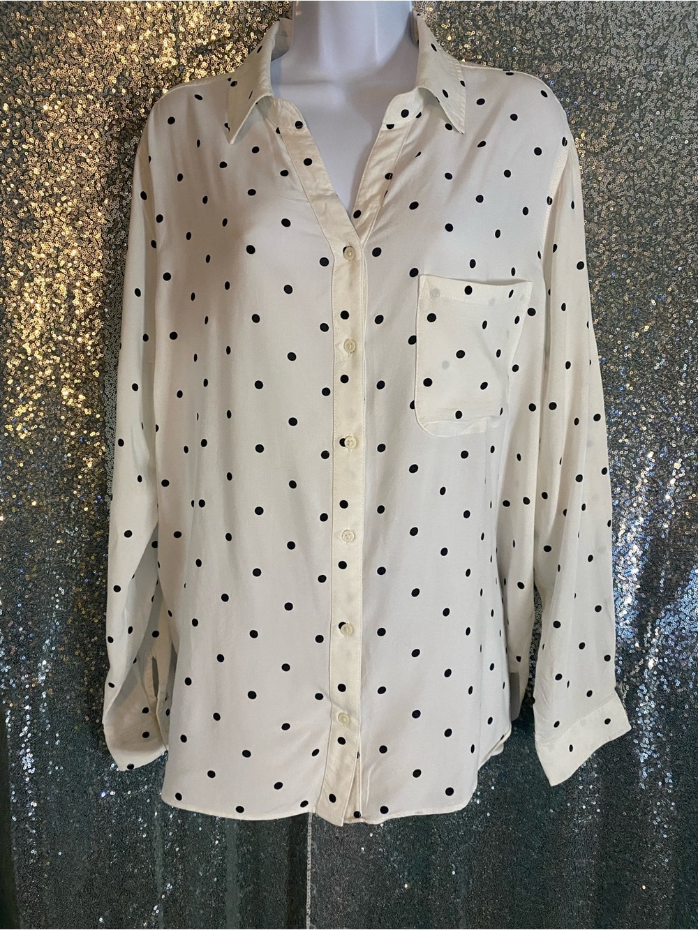 George Polka Dot Button Down Blouse XL | Black White Rayon Hi-Low Shirt